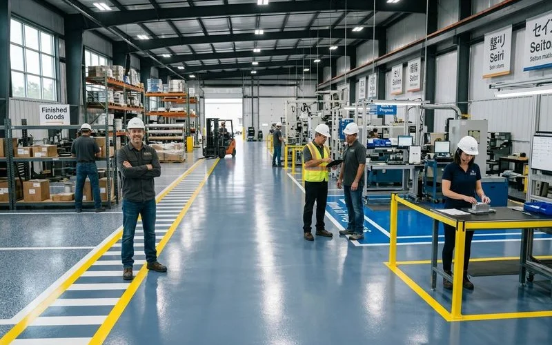 5S lean manufacturing floor markings with workstation boundaries and flow lanes