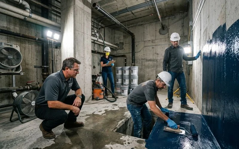 Concrete sump waterproofing and protective lining for underground utility vault