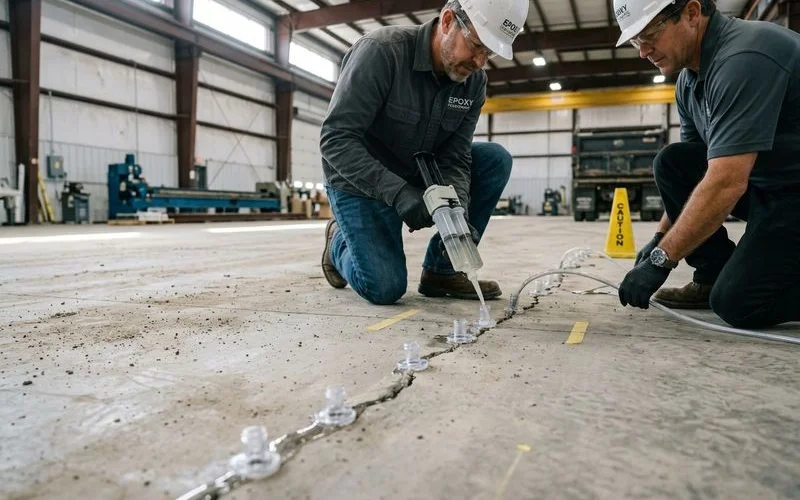 Epoxy injection into structural crack with port spacing and pressure monitoring
