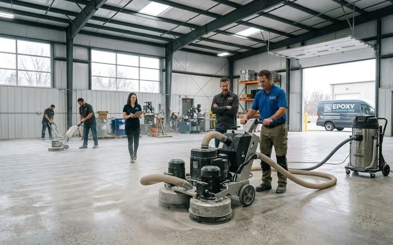 Planetary grinder performing diamond polishing on commercial concrete floor