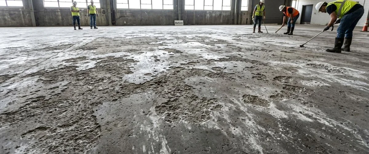 Acid damaged concrete floor before novolac epoxy installation