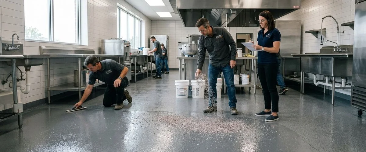 Decorative quartz floor system in a restaurant kitchen