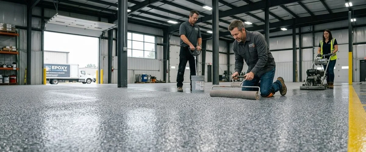 Non-slip aggregate broadcast floor coating in industrial facility